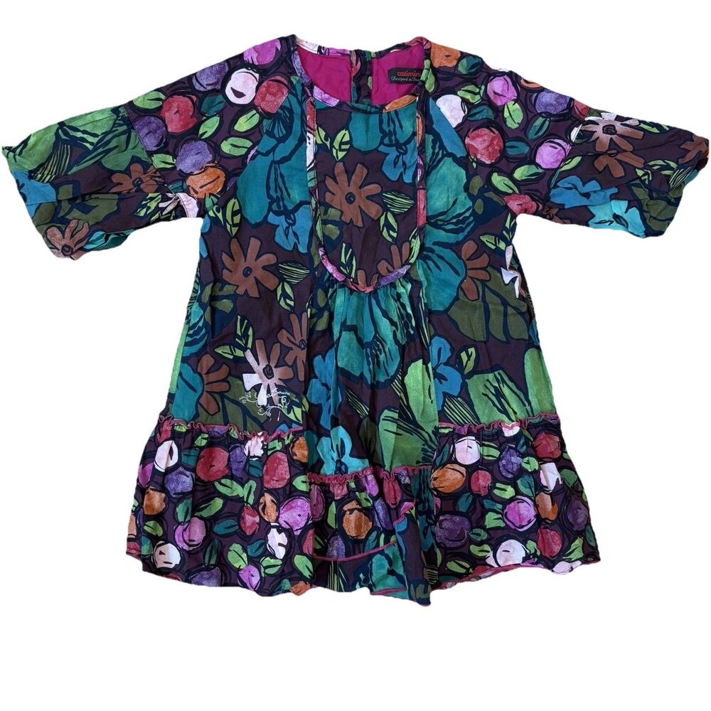 Catimini Girls Dress Size 4 Multicolor Floral Half Sleeve Lined Designer